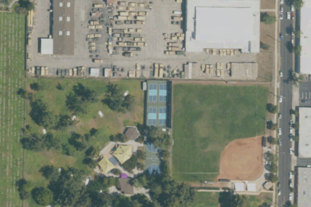 Aerial photo of Larry L. Maxam Memorial Park from May 4, 2022, with the pickleball courts outlined.