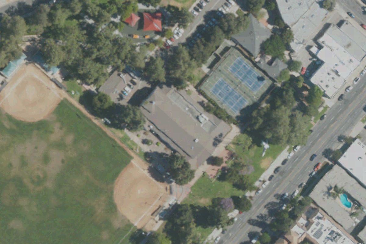 Aerial photo of Olive Recreation Center from May 11, 2022, with a pin on the recreation center gym.