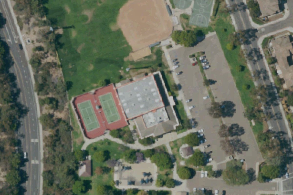 Aerial photo of Calavera Hills Community Center from April 25, 2022, with a pin on the community center gym.