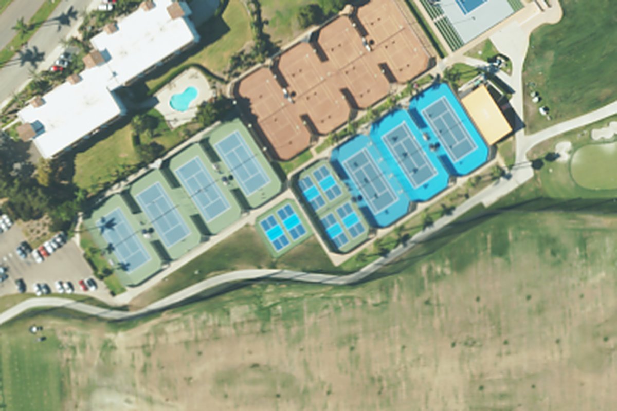 Aerial photo of Omni La Costa Resort & Spa from August 20, 2024, with a pin on the pickleball courts.
