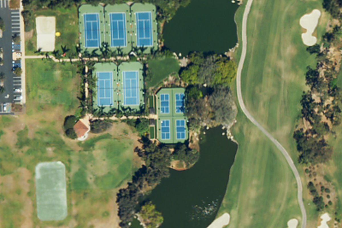 Aerial photo of Park Hyatt Aviara from August 20, 2024, with a pin on the pickleball courts.