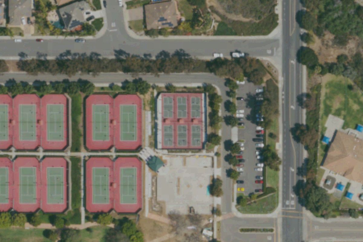 Aerial photo of Poinsettia Community Park from April 25, 2022, with the pickleball courts outlined.