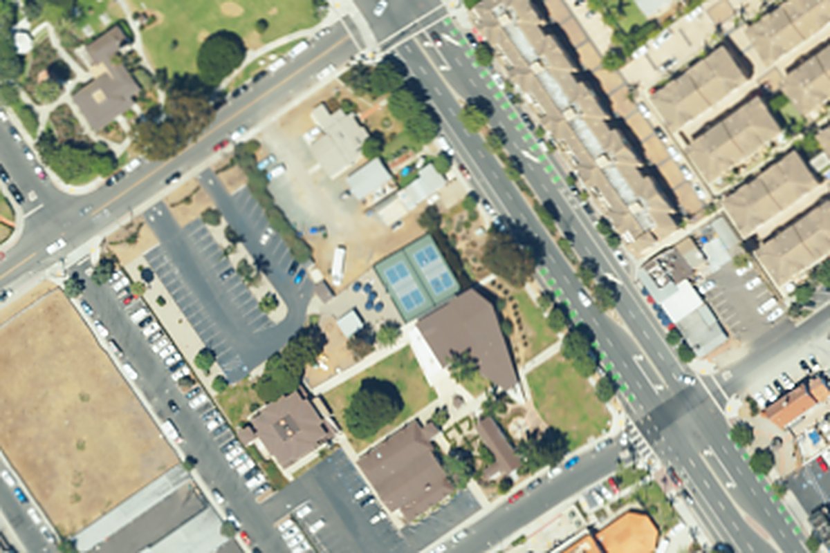 Aerial photo of St. Michael's by-the-Sea from August 20, 2024, with a pin on the pickleball courts.