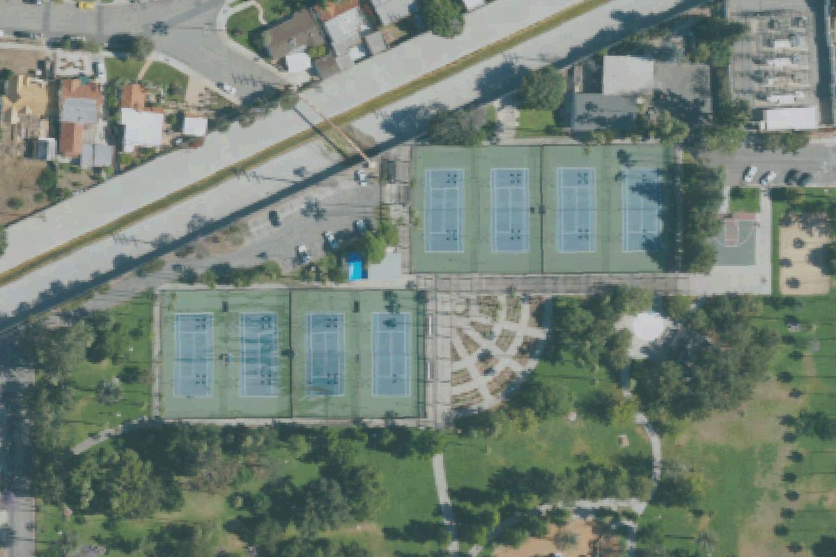 Aerial photo of Fremont Park from May 11, 2022, with a pin on the tennis courts.