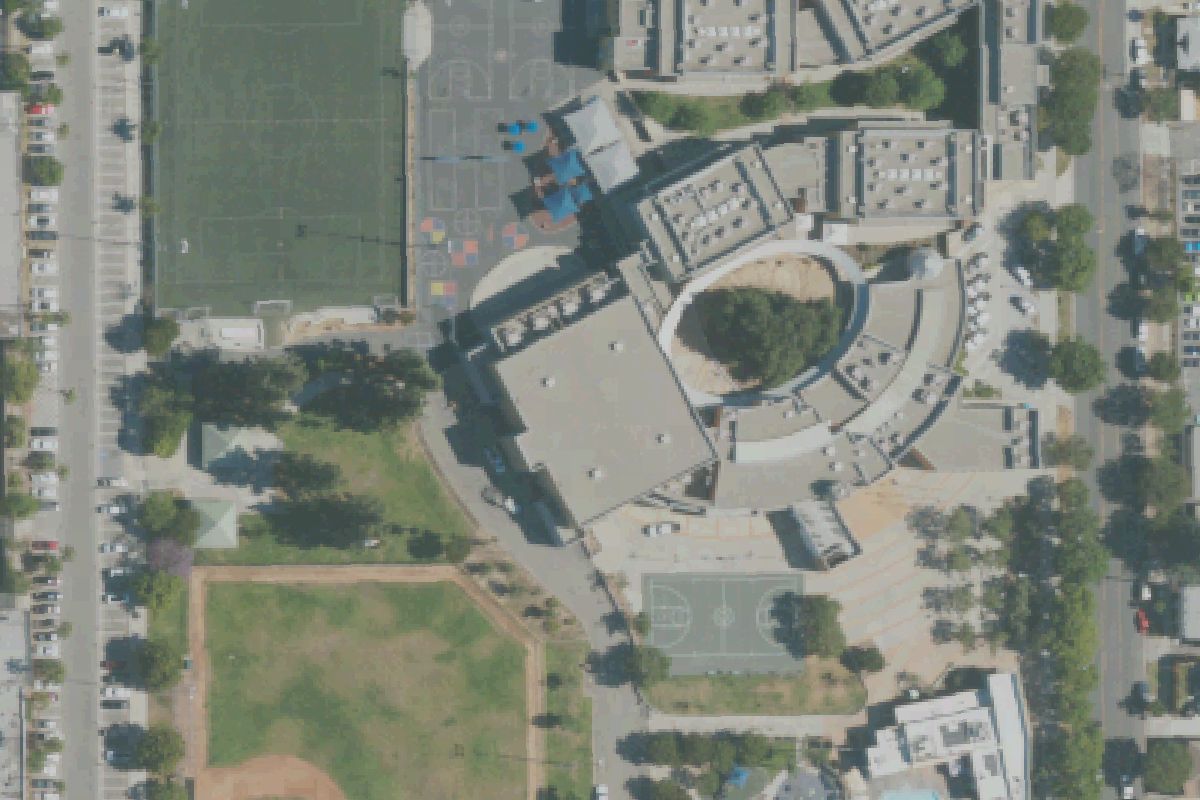 Aerial photo of Pacific Community Center from May 11, 2022, with a pin on the community center.