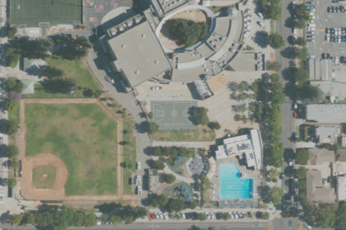Aerial photo of Pacific Park from May 11, 2022, with the multi-use court outlined.