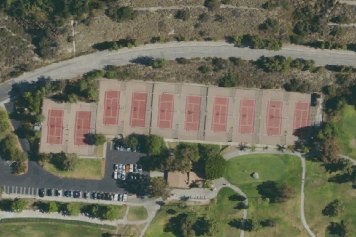 Aerial photo of Scholl Canyon Tennis Center from May 11, 2022, with a pin on the tennis center.