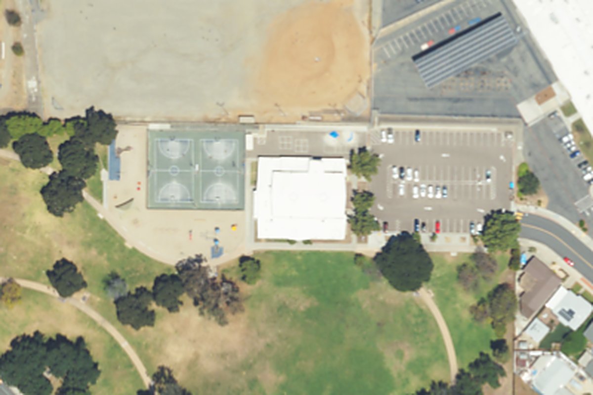 Aerial photo of Allied Gardens Recreation Center from May 6, 2024, with a pin on the recreation center building.