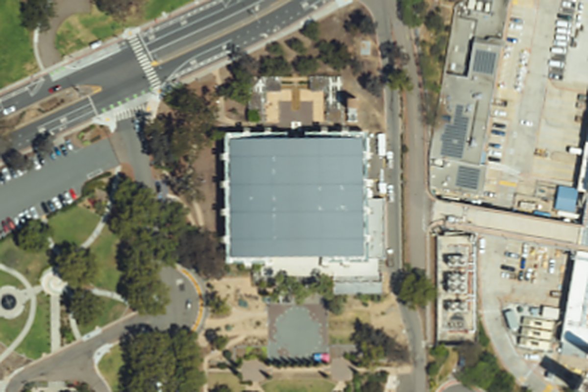 Aerial photo of Balboa Park Activity Center from May 6, 2024, with a pin on the activity center.
