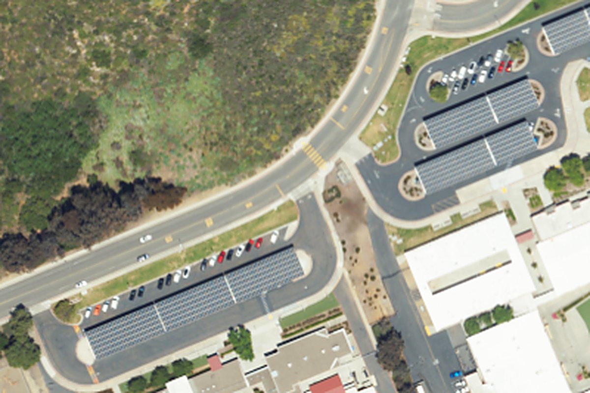 Aerial photo of Black Mountain Multipurpose Center from May 6, 2024, with a pin on the building.