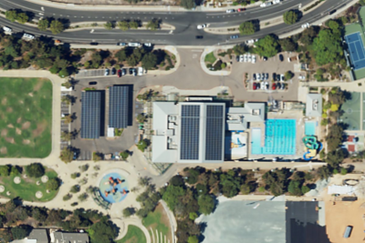 Aerial photo of Carmel Valley Recreation Center from May 6, 2024, with a pin on the recreation center building.