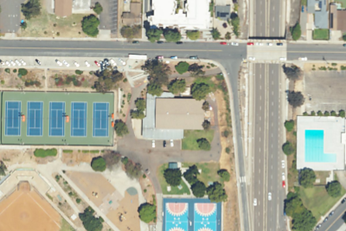 Aerial photo of Colina Del Sol Recreation Center from May 6, 2024, with a pin on the recreation center building.