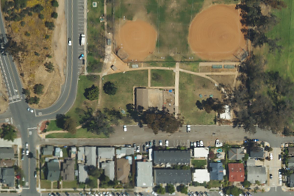 Aerial photo of Golden Hill Recreation Center from May 6, 2024, with a pin on the recreation center building.