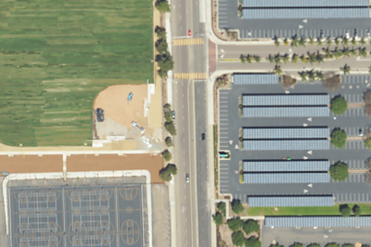 Aerial photo of Hourglass Fieldhouse/Recreation Center from May 6, 2024, with a pin on the building.