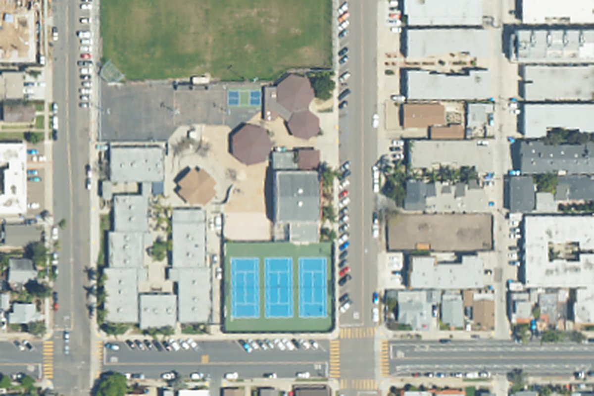 Aerial photo of North Park Recreation Center from May 6, 2024, with a pin on the recreation center building.